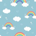 Rainbow clouds seamless pattern on the blue background Royalty Free Stock Photo